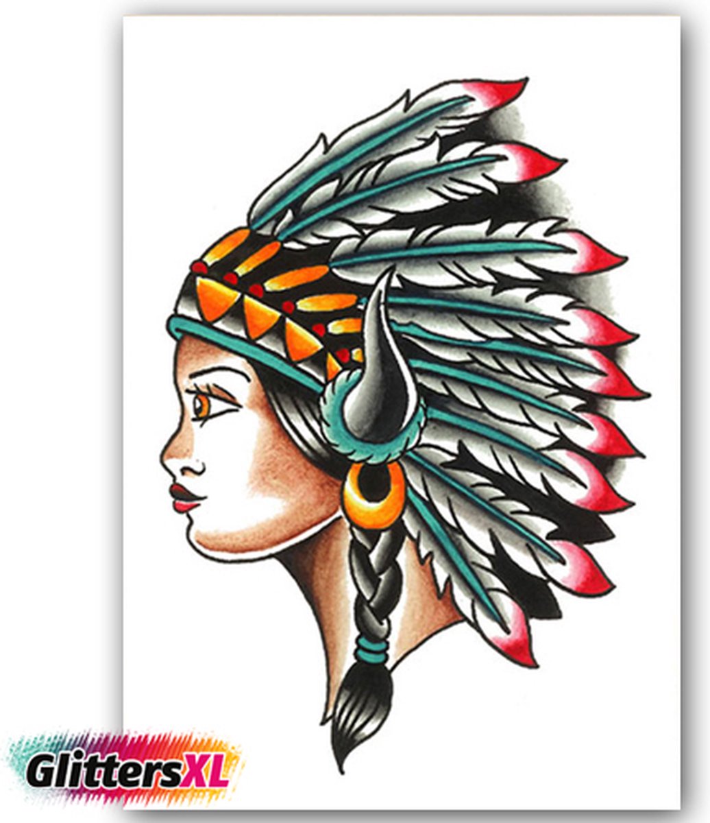 GlittersXL - Temporary Tattoo Vrouwelijke Indiaan (A5 formaat) [Neptattoo - Tijdelijke tatoeage - Nep Fake Tattoos - Water overdraagbare festival sticker henna outfit tattoo - Glitter tattoo - Volwassenen Kinderen Jongen Meisje]